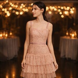 Marchesa Notte Rose Gold Glitter Layered Tulle Dress NWT